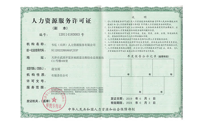 韦亿人力资源许可证
